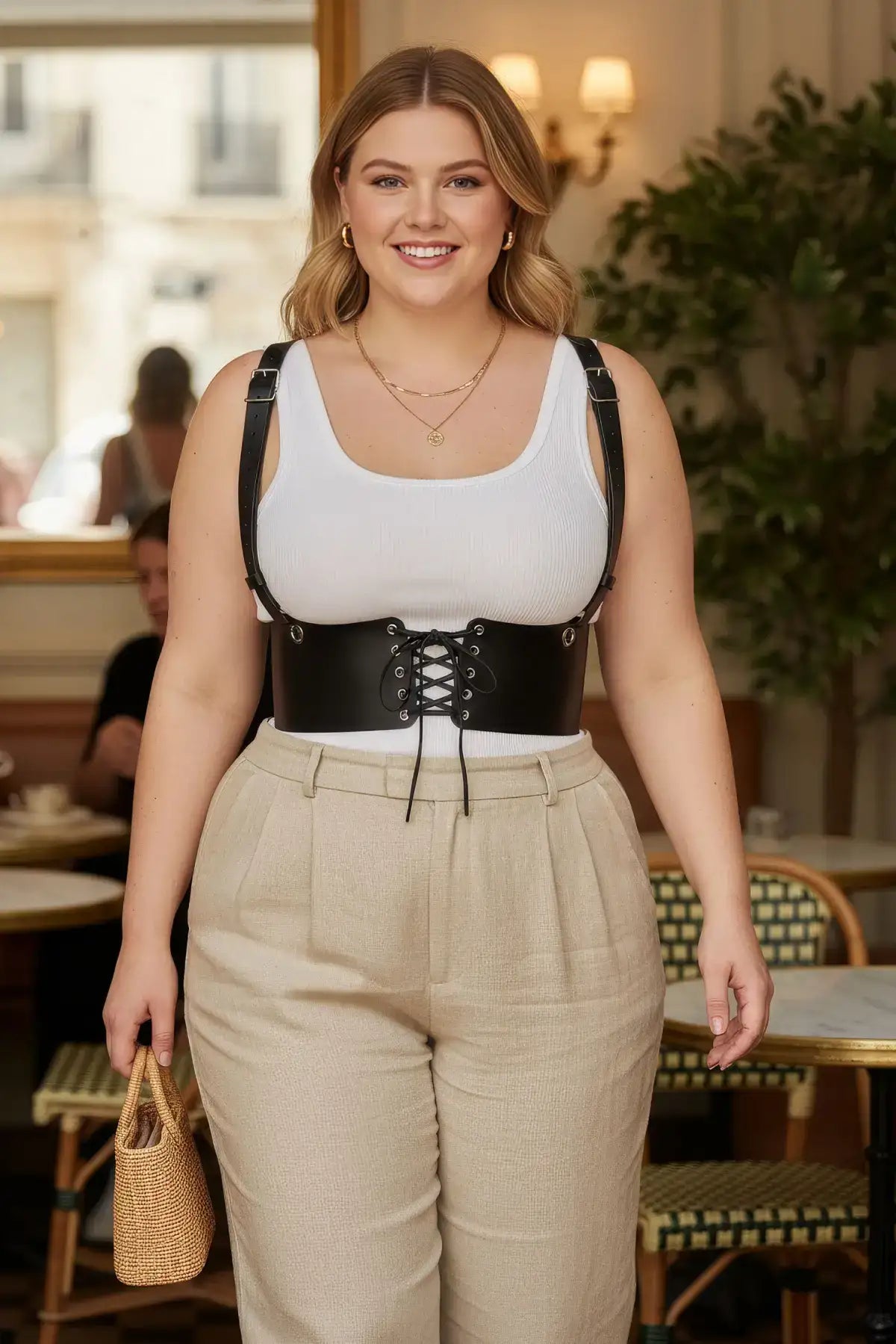Plus-size black shoulder-strap corset harness in vegan leather with lace-up front, HarnessClub