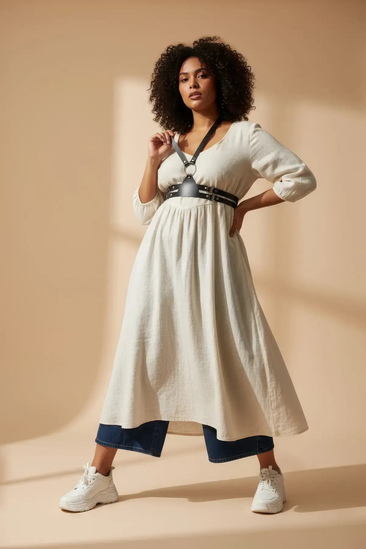 HarnessClub plus-size black vegan-leather corset harness with shoulder straps worn over a white dress