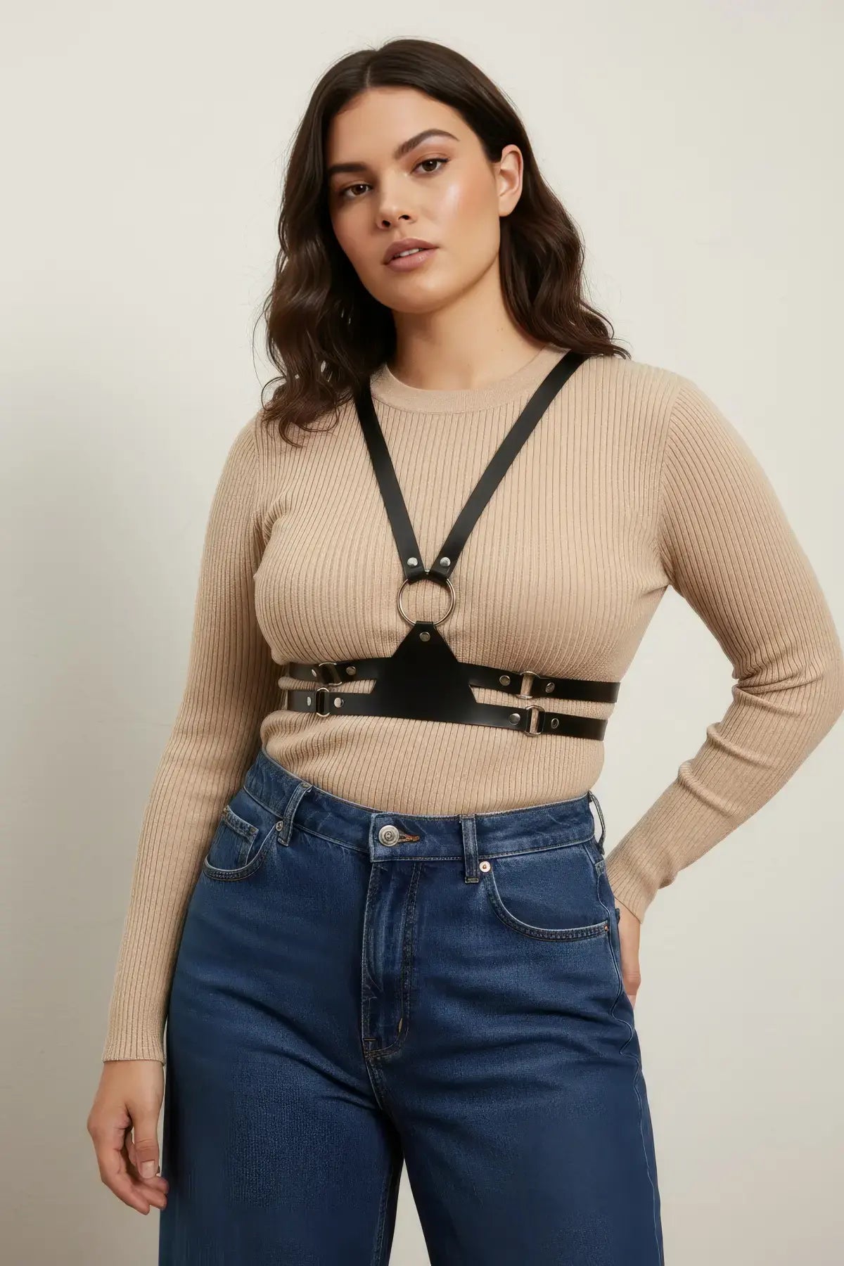 Plus size black vegan leather shoulder-strap corset harness with waist belt and front metal ring