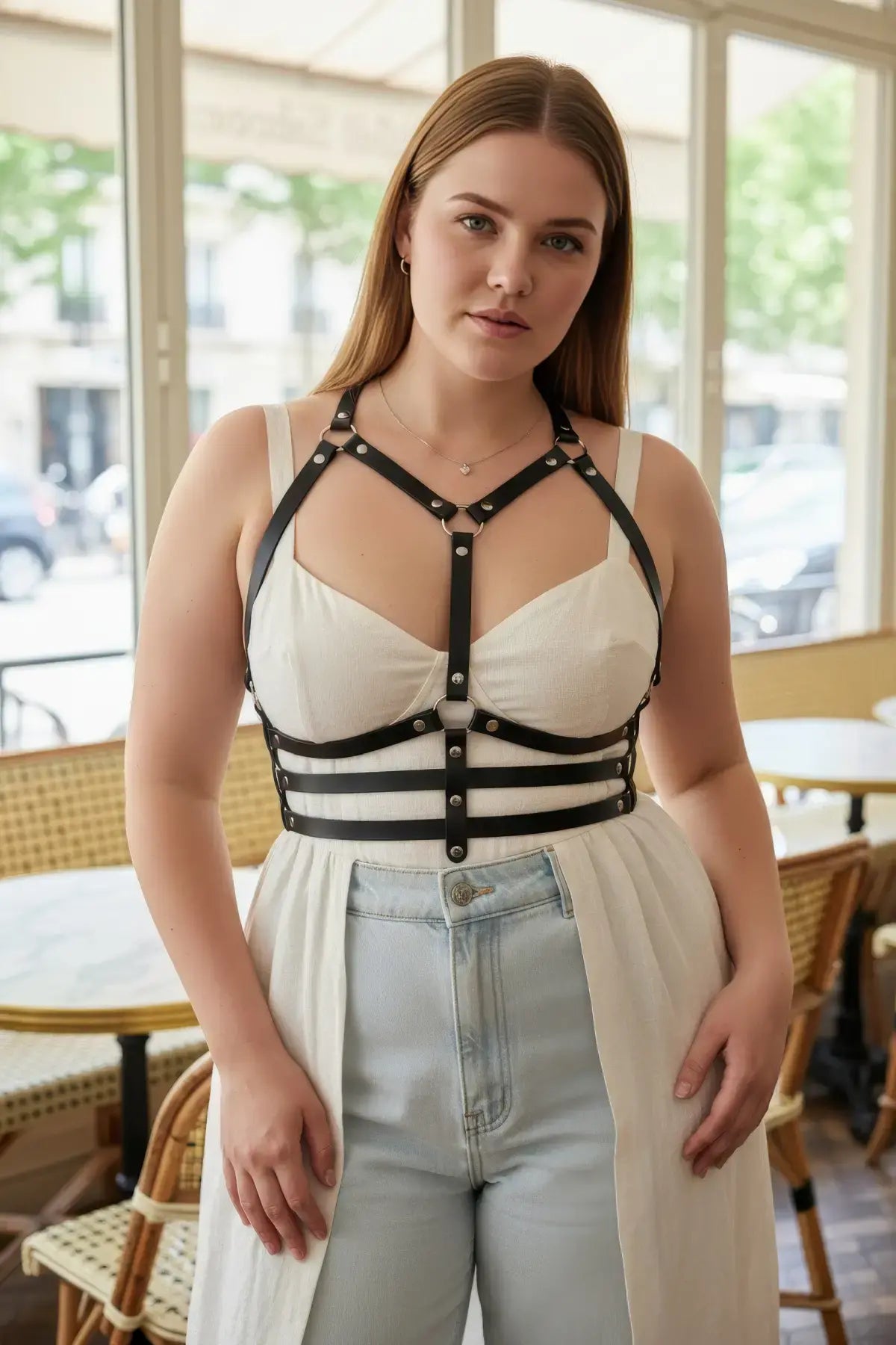 Plus-size black vegan leather shoulder-strap corset harness by HarnessClub.