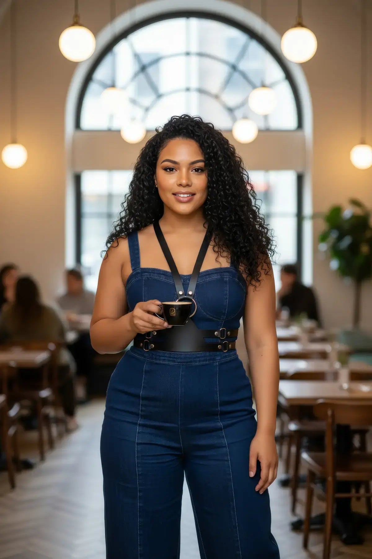 Plus-size black vegan-leather shoulder-strap corset harness worn by a model