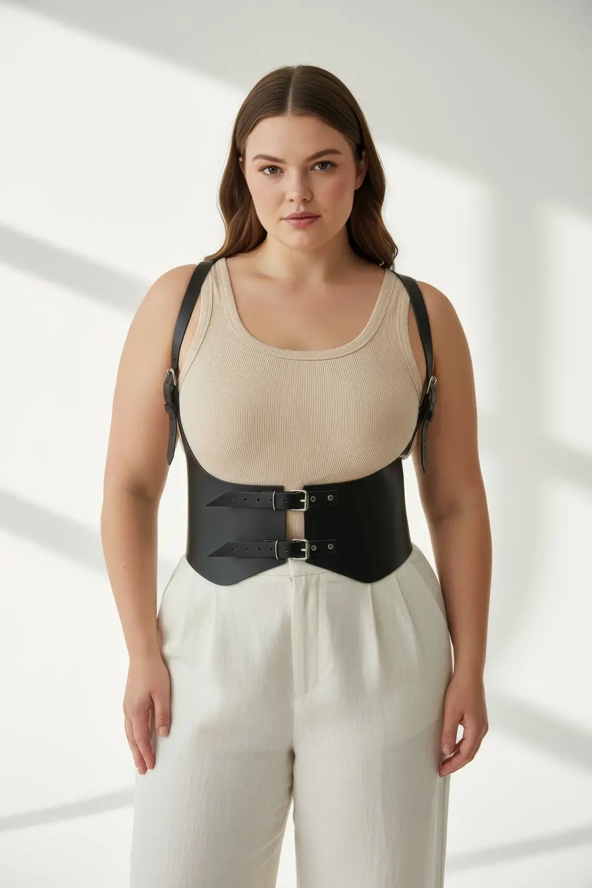 Plus size black vegan leather corset waist harness with shoulder straps
