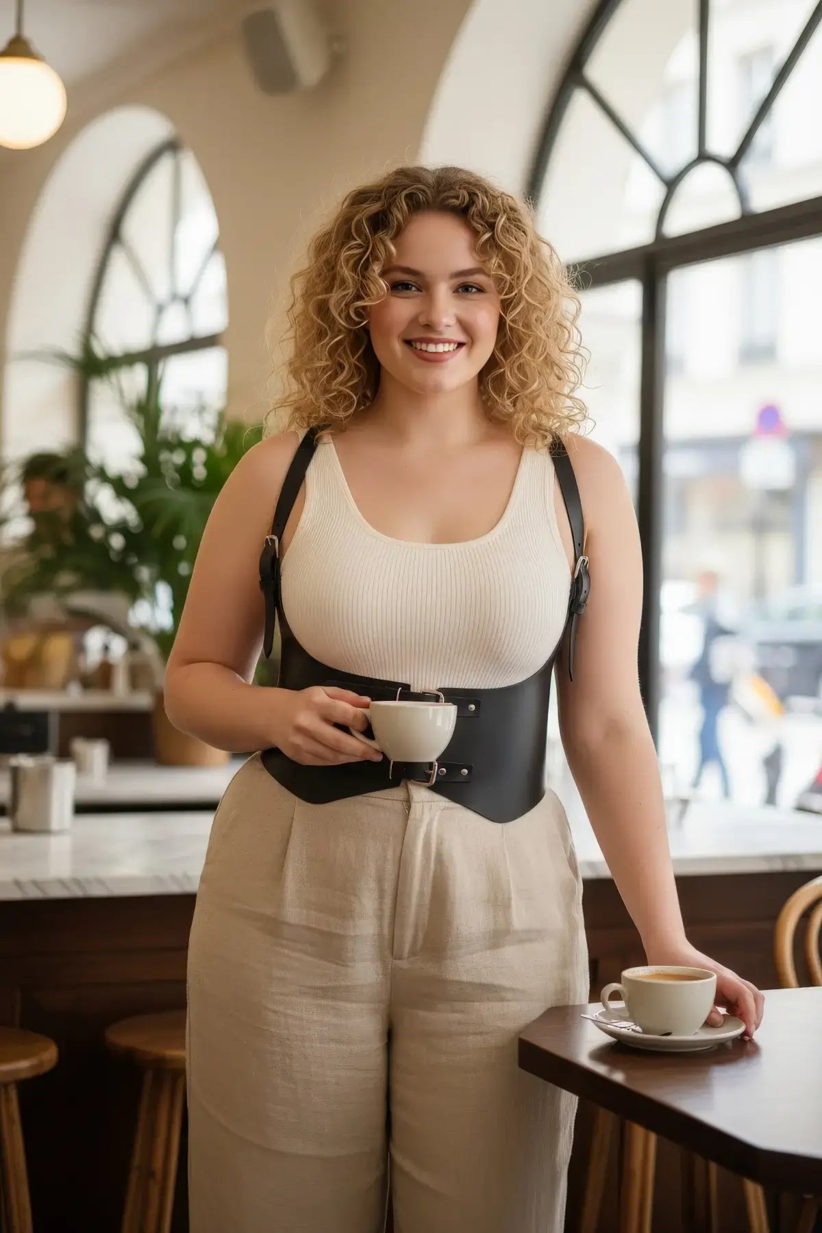 Plus Size Black Shoulder Strap Corset Vest by HarnessClub, vegan leather waist harness with a single buckle.