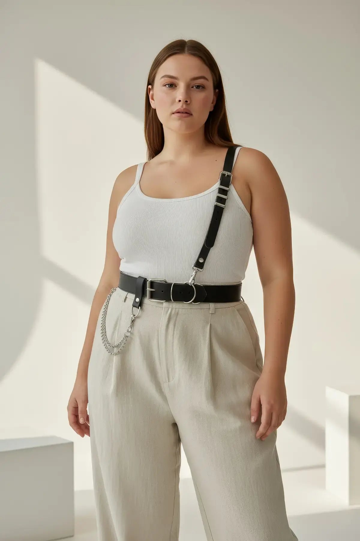 Plus Size Black Shoulder Strap Harness Belt with vegan leather chain detail by HarnessClub