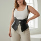 Plus-size black vegan-leather shoulder strap harness vest with double buckles and peplum waist cincher