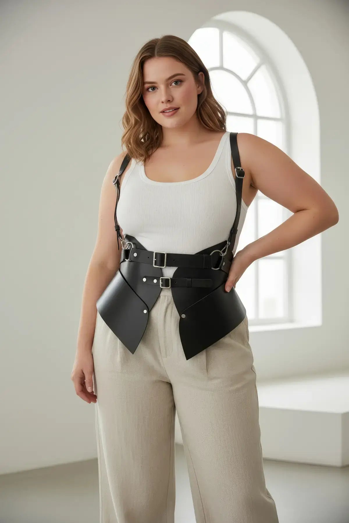 Plus-size black vegan-leather shoulder strap harness vest with double buckles and peplum waist cincher