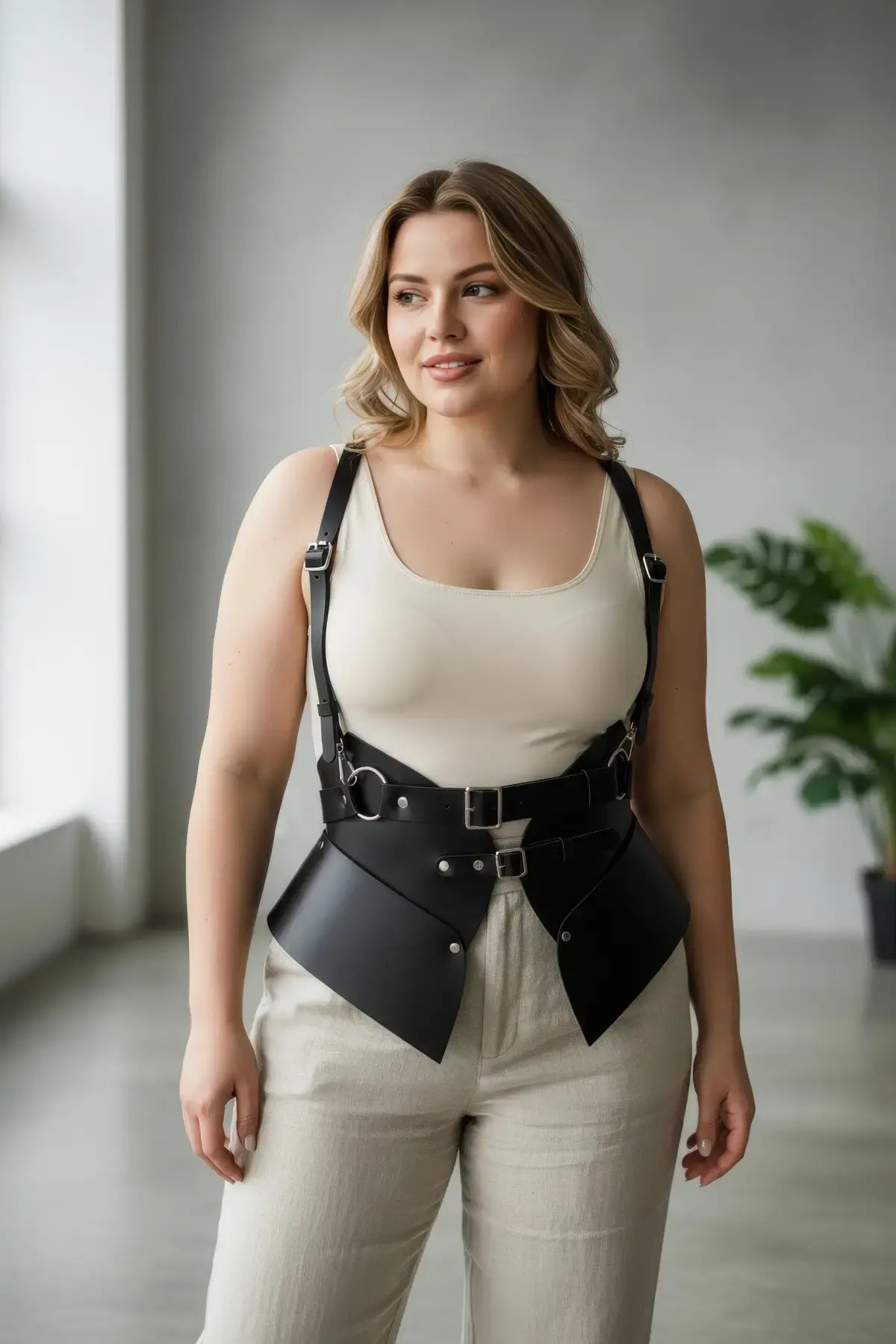 Plus-size black shoulder-strap harness vest in vegan leather with double buckles and peplum waist cincher
