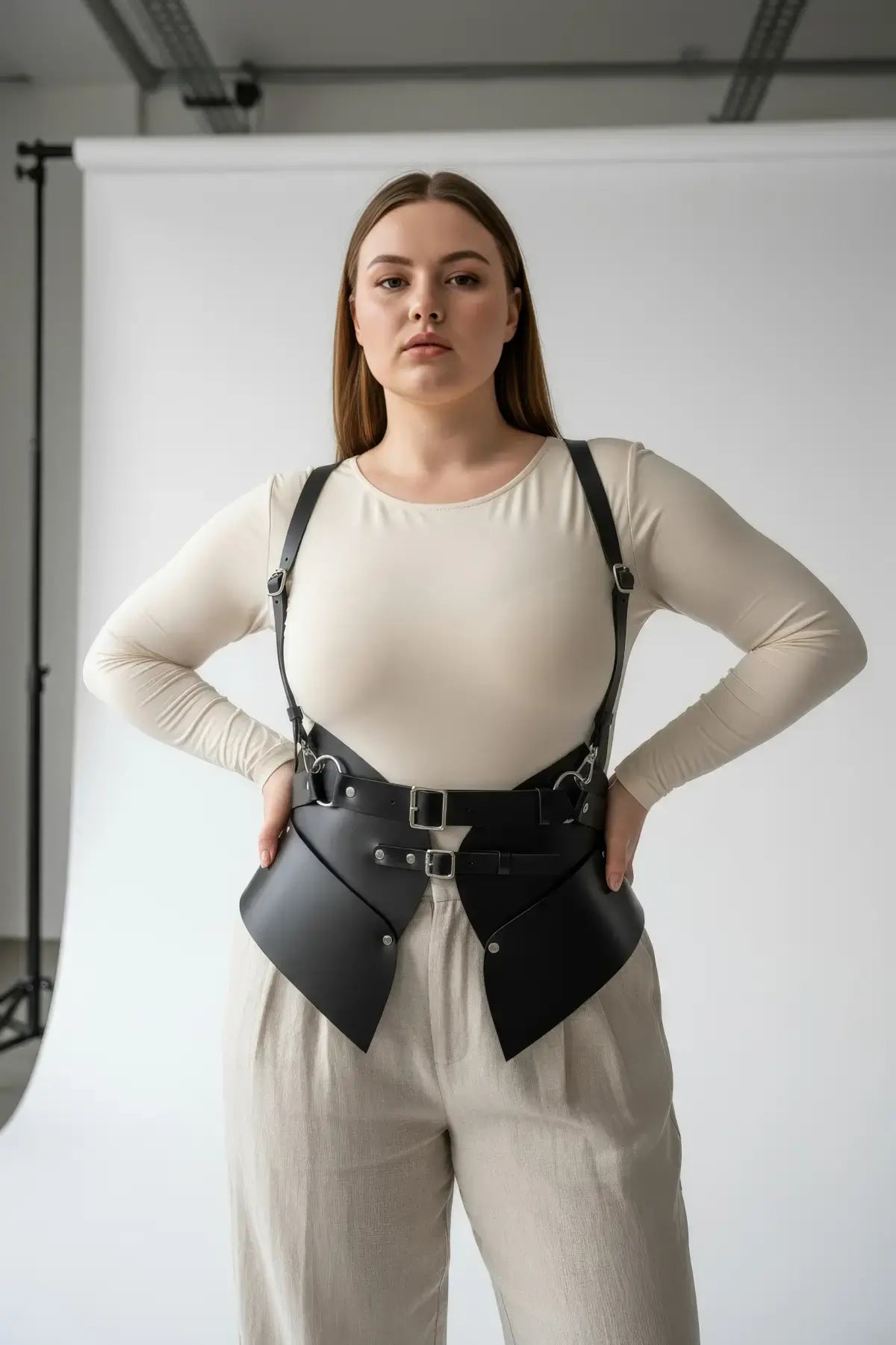Plus Size Black Shoulder Strap Harness Vest | Vegan Leather Double Buckle Peplum Waist Cincher