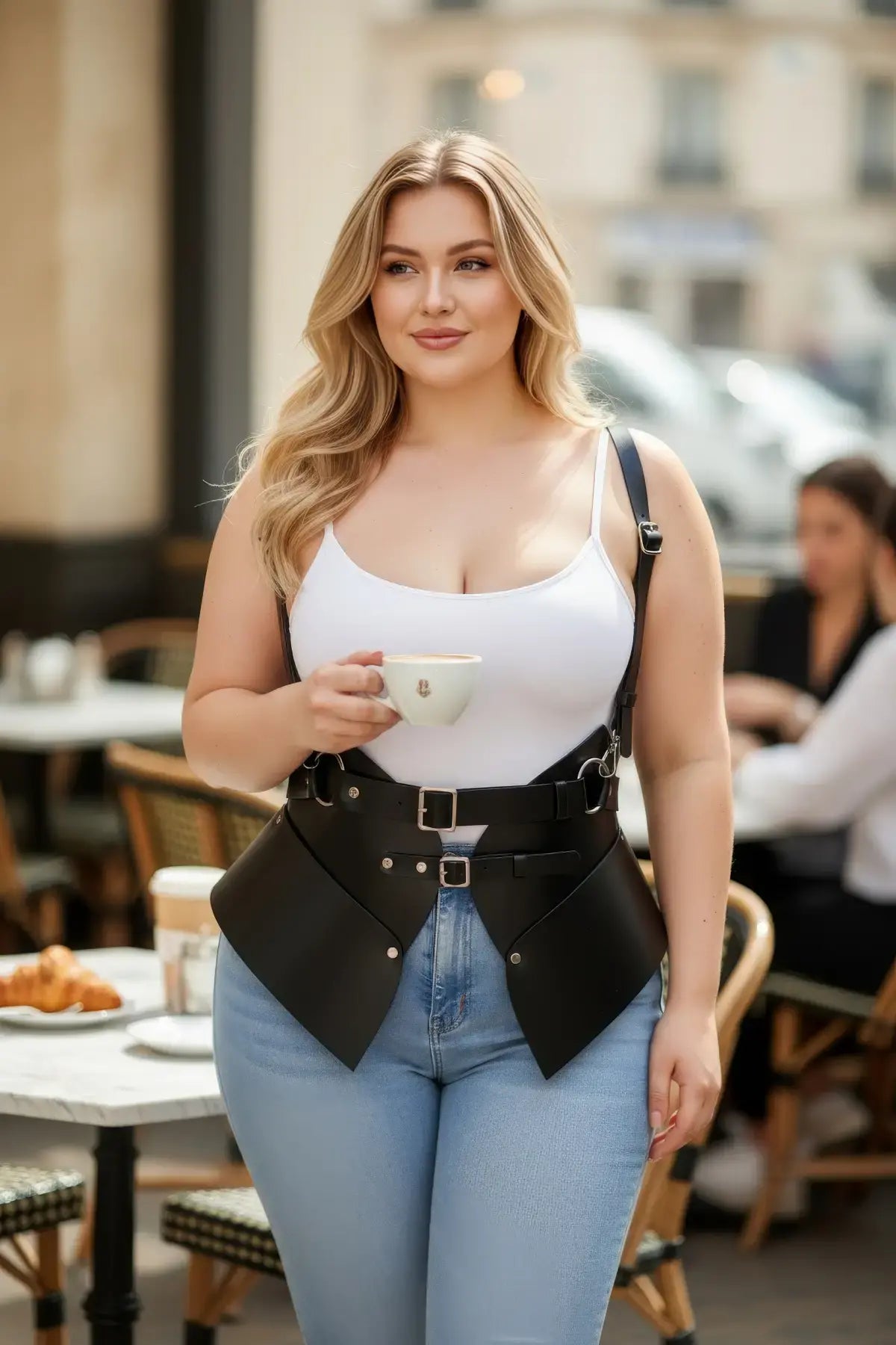 Plus-size black vegan-leather shoulder-strap harness vest with double buckles and peplum waist cincher