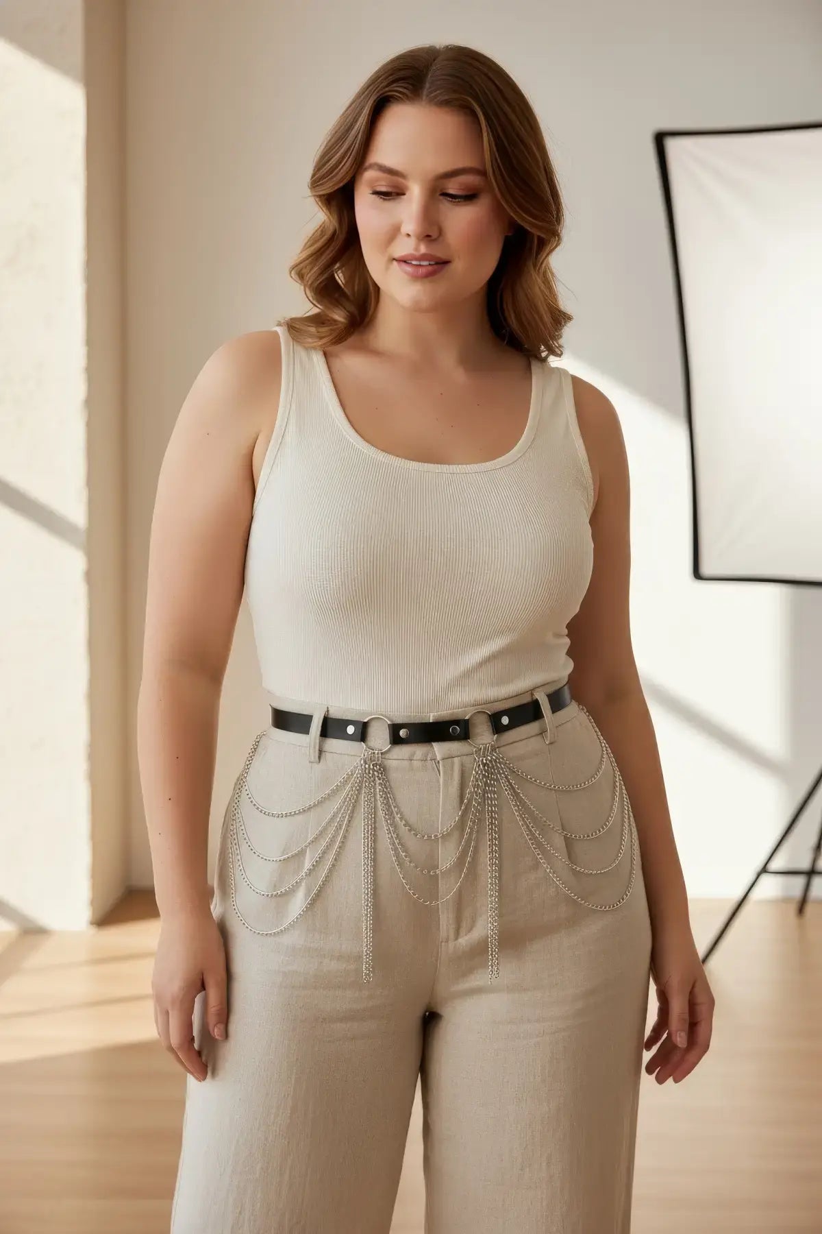Plus-size black vegan leather belt with cascading silver chains at the waist