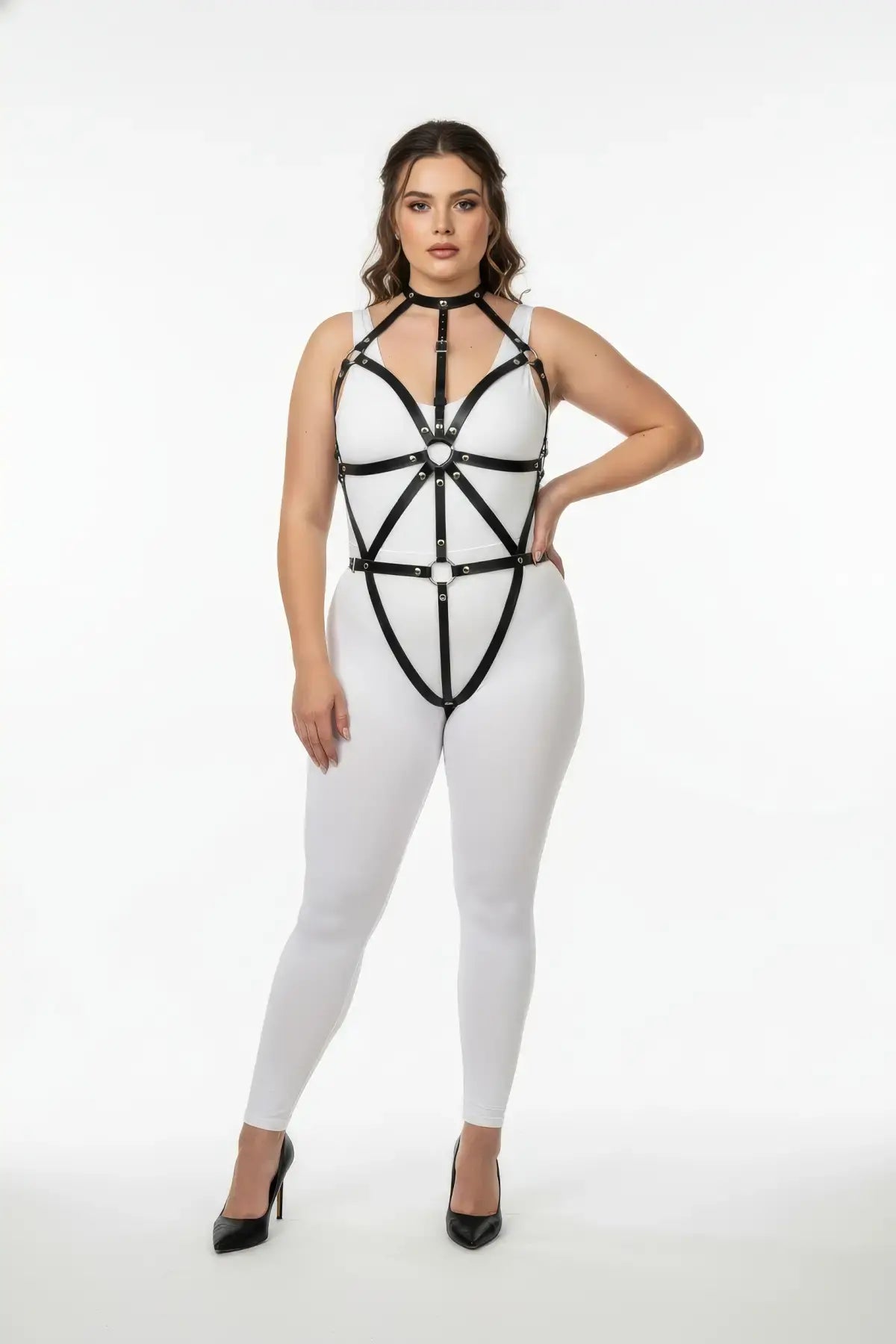 Plus-size black spoke-design vegan leather full-body harness with choker by HarnessClub