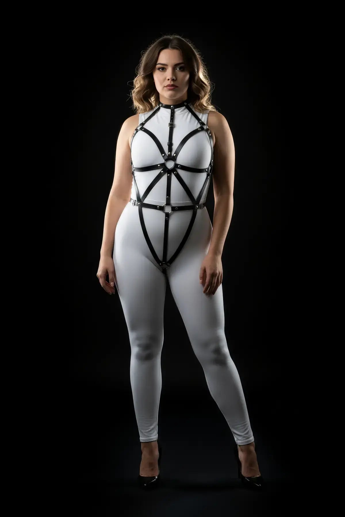 Plus Size Black Spoke-Design Vegan Leather Full-Body Harness with Choker by HarnessClub