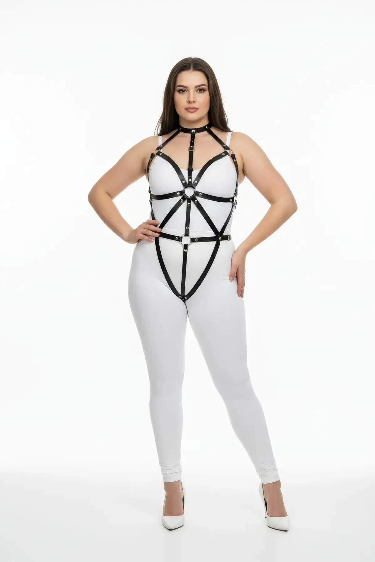 Plus Size Black Spoke-Design Leather Full-Body Harness with Choker by HarnessClub, vegan leather
