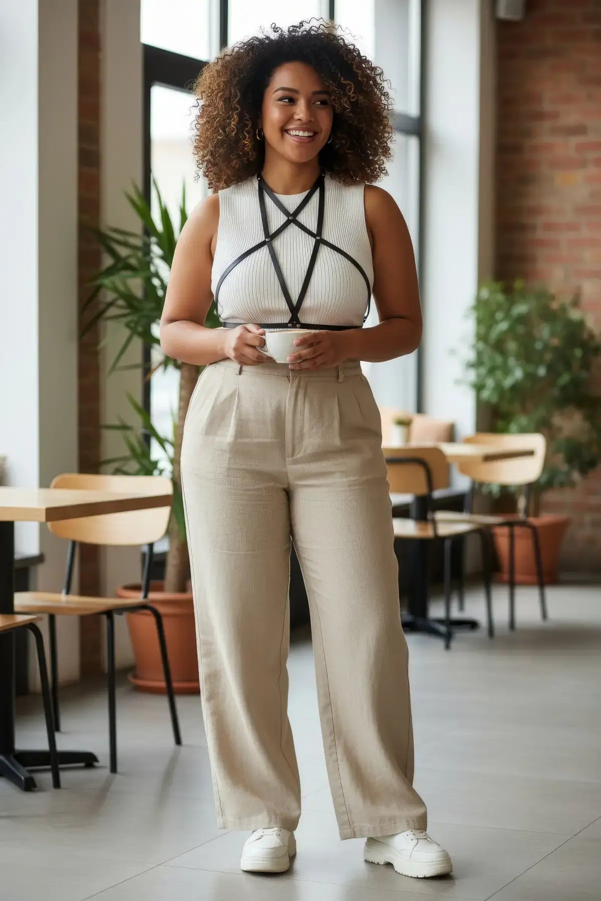Plus-size black vegan leather star-pattern chest harness worn over a sleeveless top