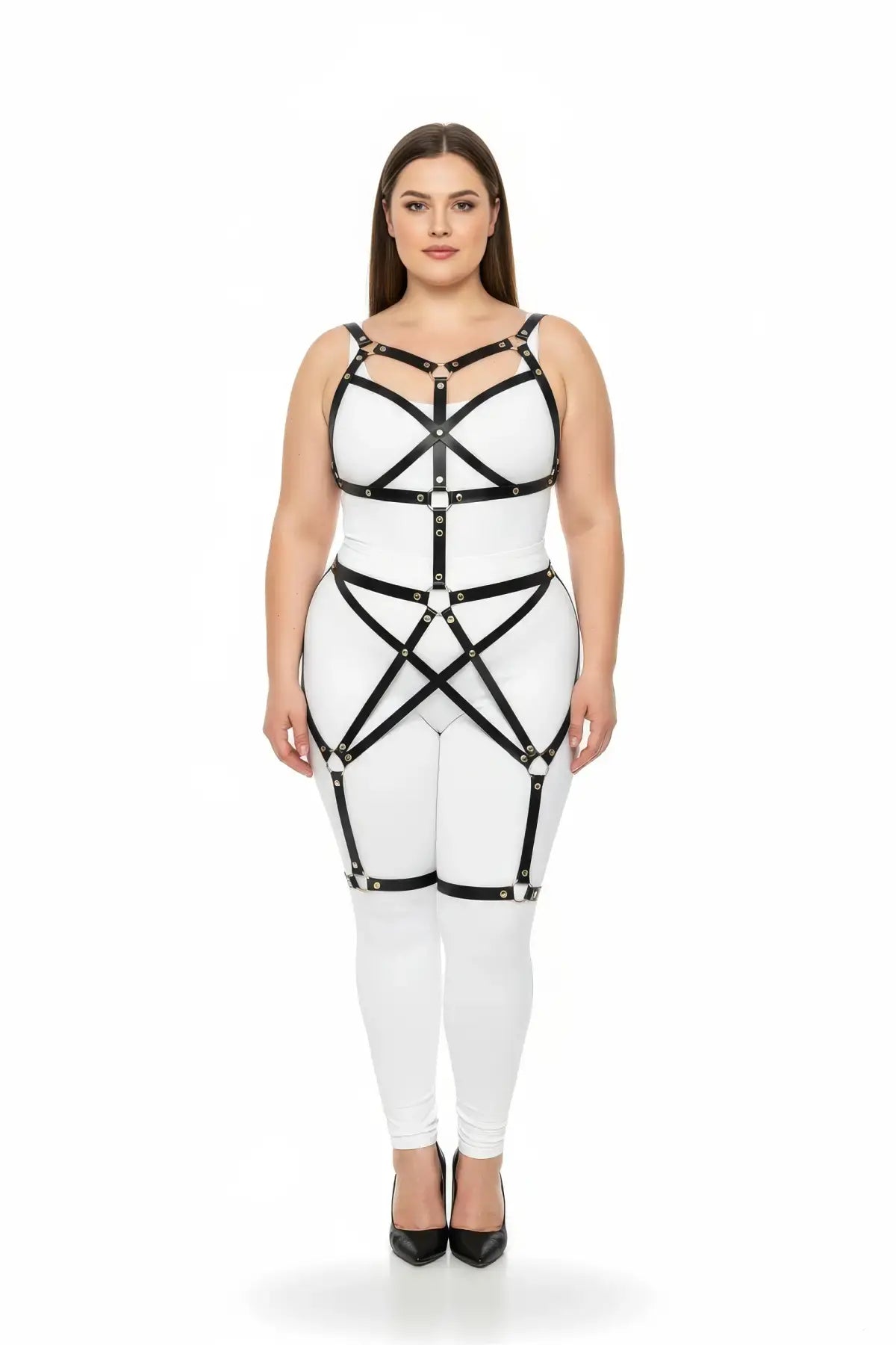 Plus-size black star-web cage full-body harness in vegan leather with metal studs