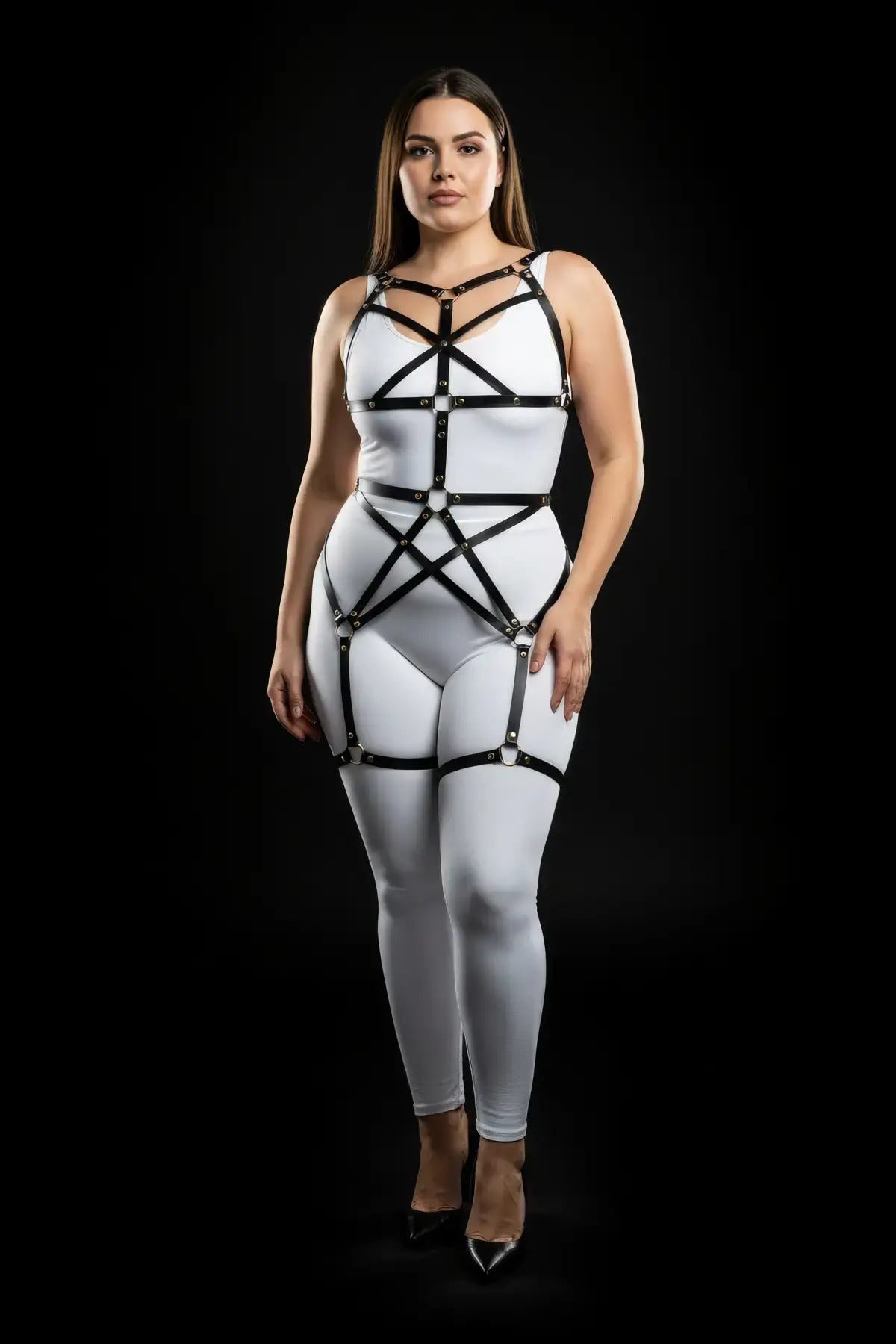 Plus-size black star-web cage full-body harness vegan leather