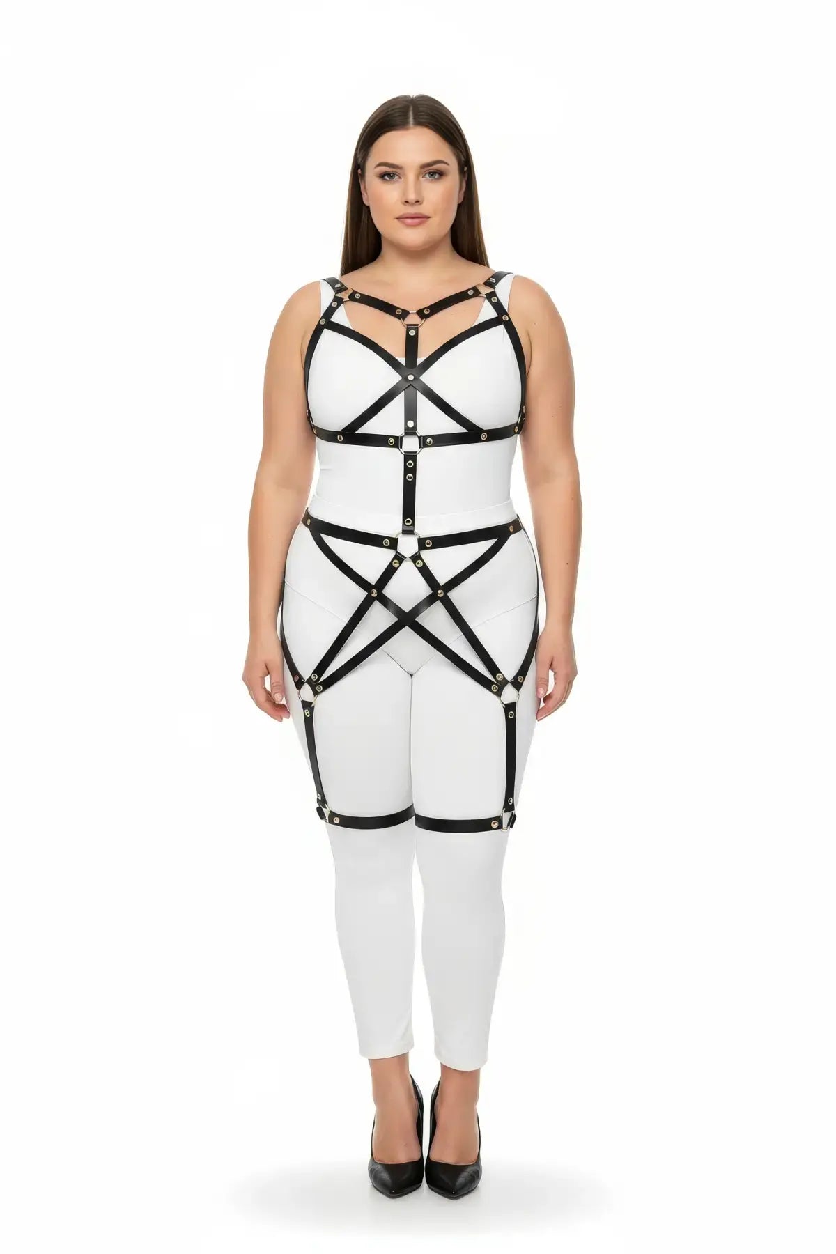 Plus-size black star-web cage full-body harness by HarnessClub, vegan leather.