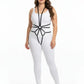 Plus-size black vegan leather starburst ring full-body harness by HarnessClub on model