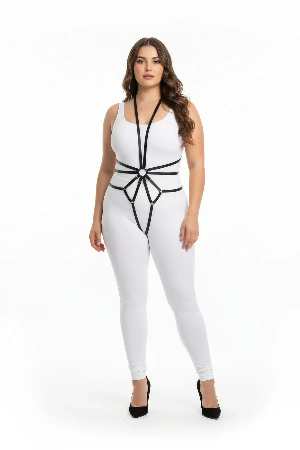 Plus-size black vegan leather starburst ring full-body harness by HarnessClub on model