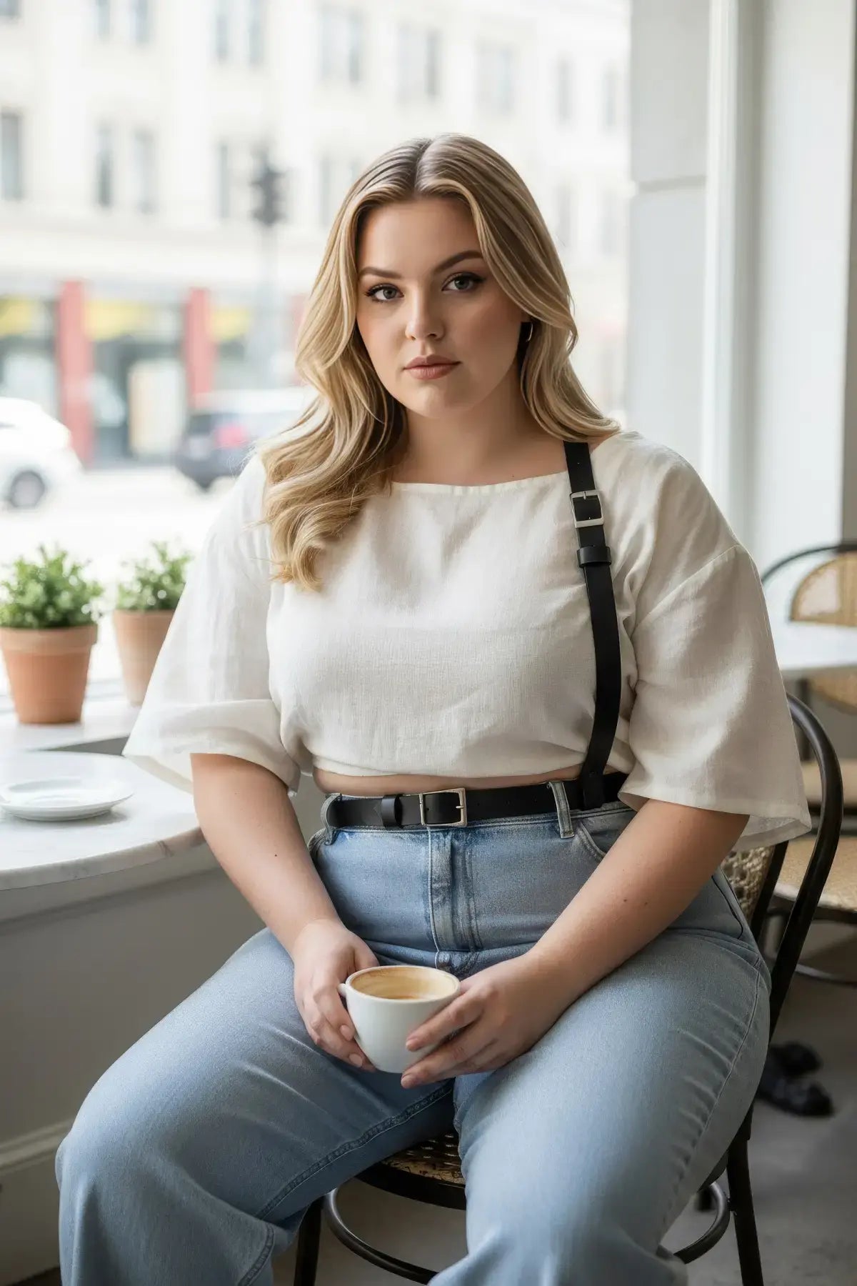 Plus-size black strappy leather belt worn as a body-accessory with shoulder strap by HarnessClub.