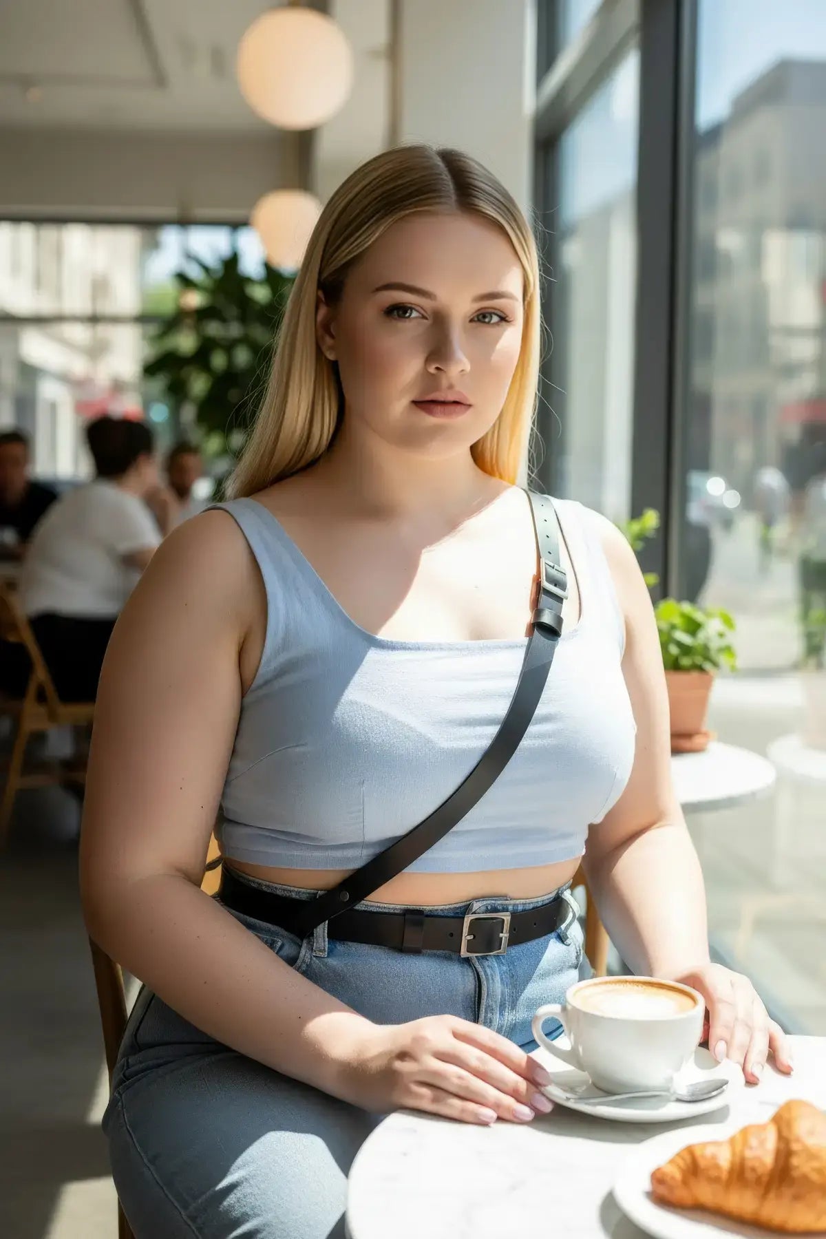Plus-size black strappy leather belt with crossbody strap by HarnessClub