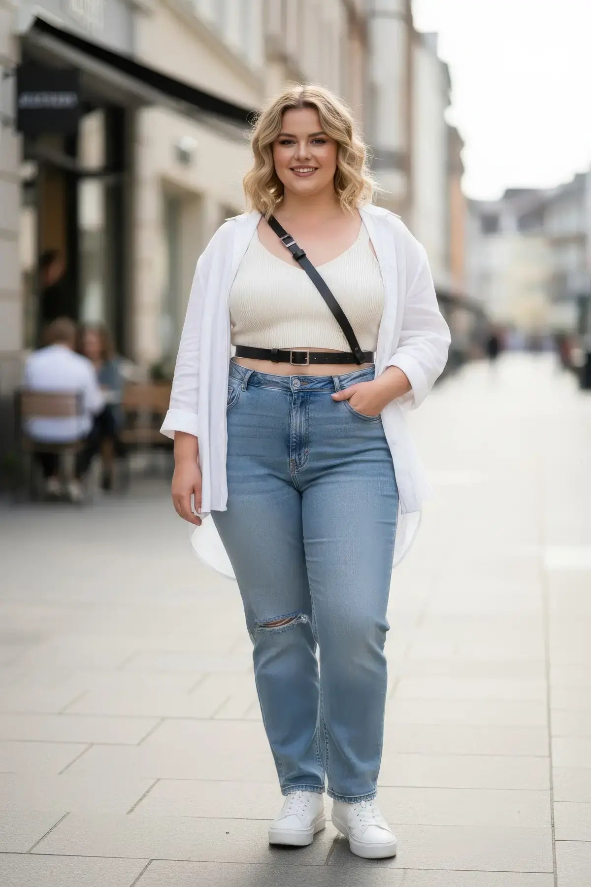 Plus-size black strappy leather belt worn crossbody over a white top and blue jeans