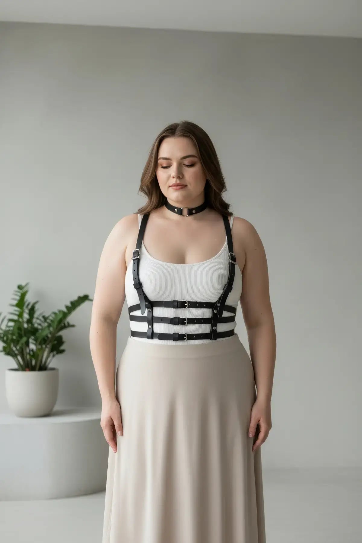 Plus Size Black Strappy Body Harness with vegan leather choker and multiple buckles