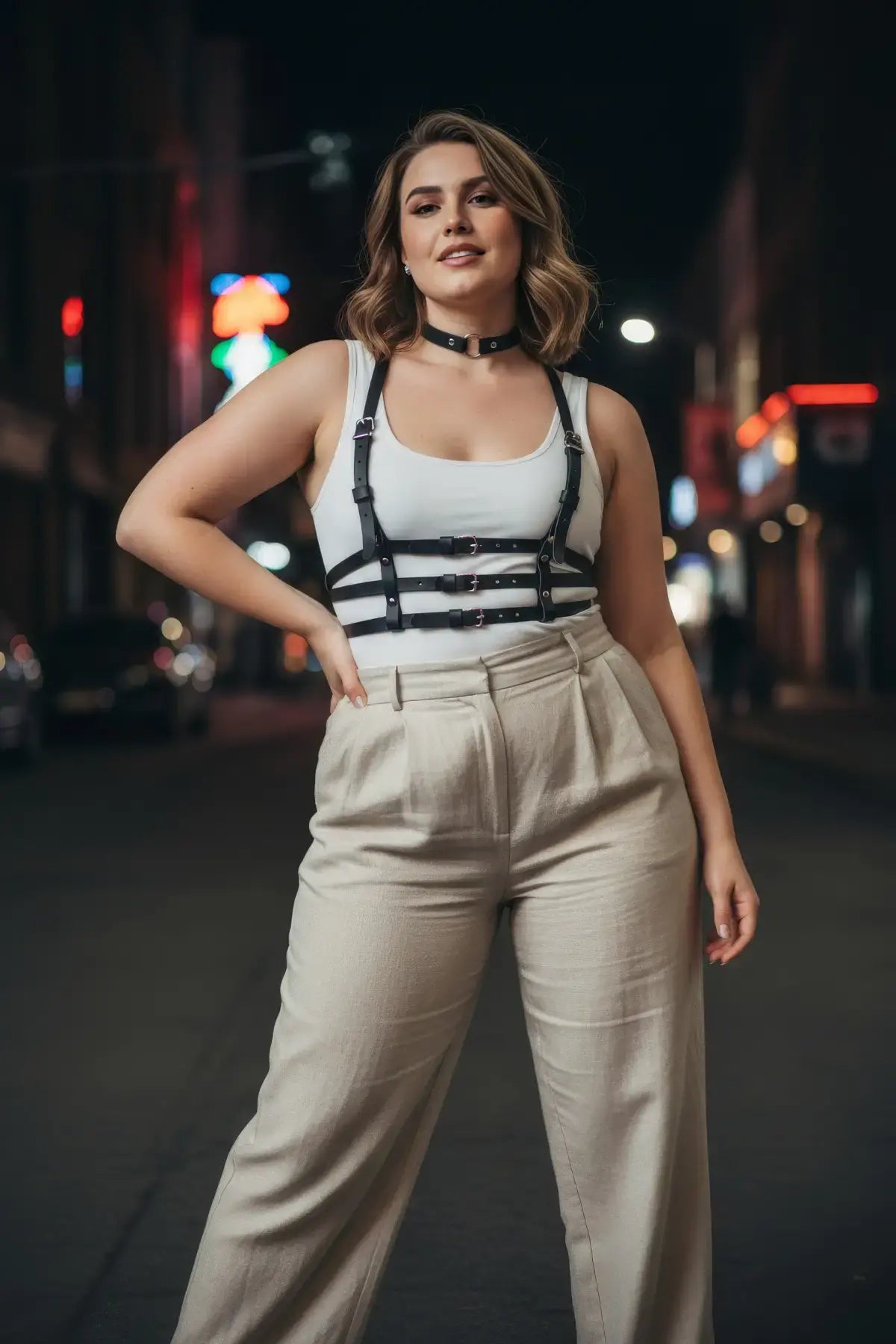 Plus-Size black strappy body harness with vegan leather choker, multi-buckle by HarnessClub