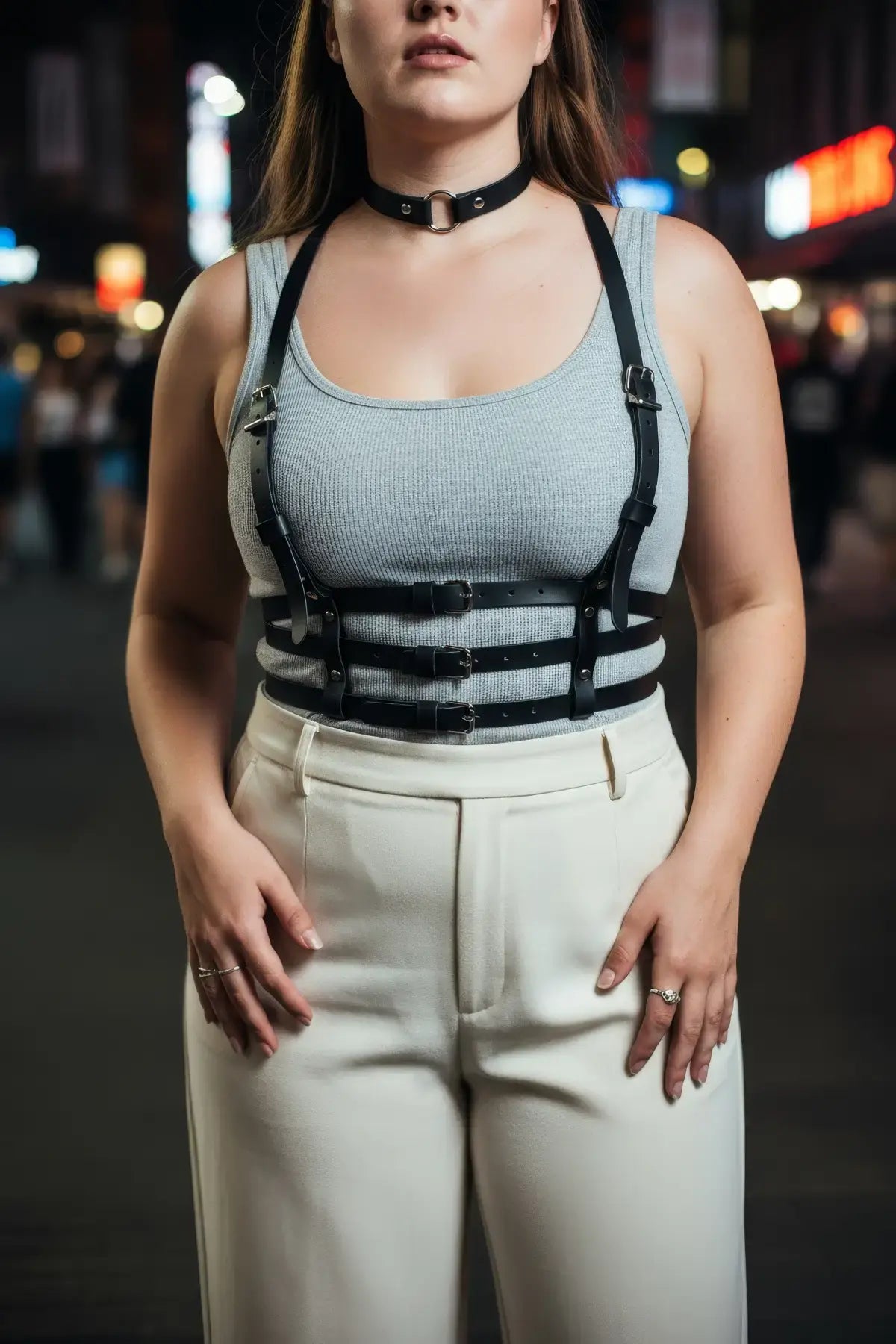 Plus-Size Black Strappy Body Harness set with vegan leather choker by HarnessClub and multi-buckle straps