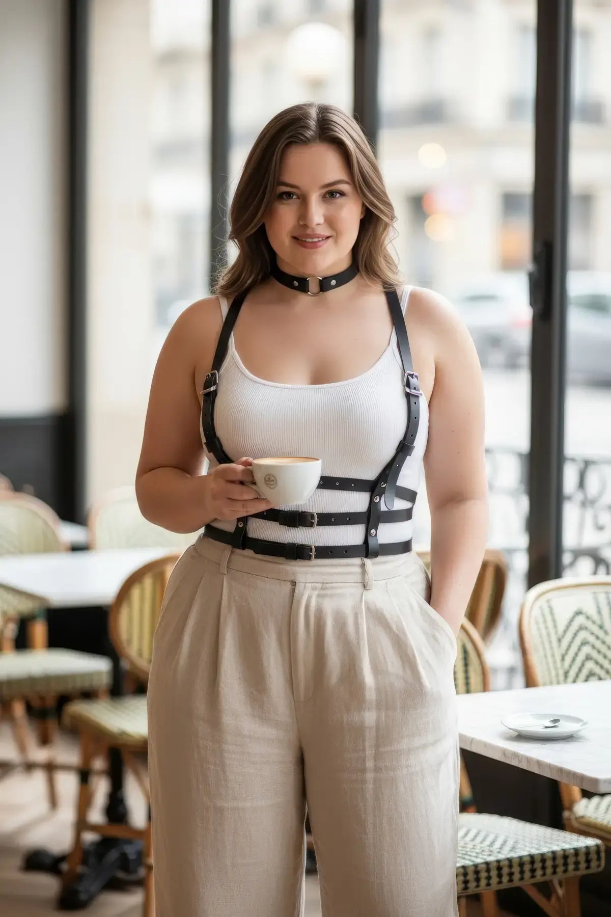 Plus-size black strappy body harness with vegan leather choker by HarnessClub.