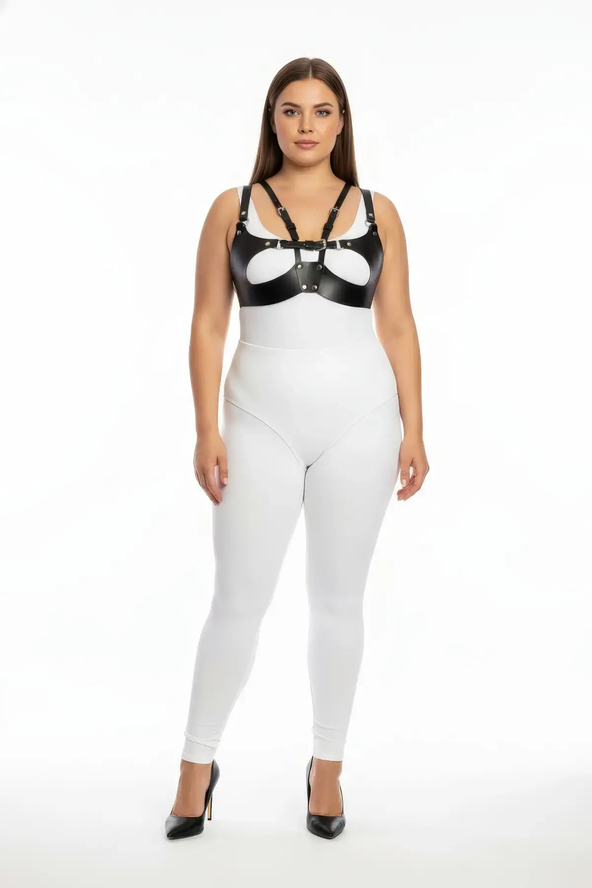 Plus Size Black Structured Leather Chest Harness with vegan leather panels worn over a white bodysuit