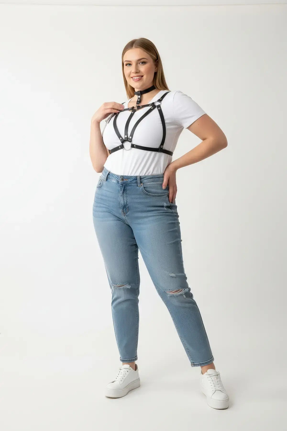 Plus-size black studded cage chest harness with choker, vegan leather by HarnessClub