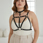 Plus-size black vegan leather studded cage chest harness with choker HarnessClub
