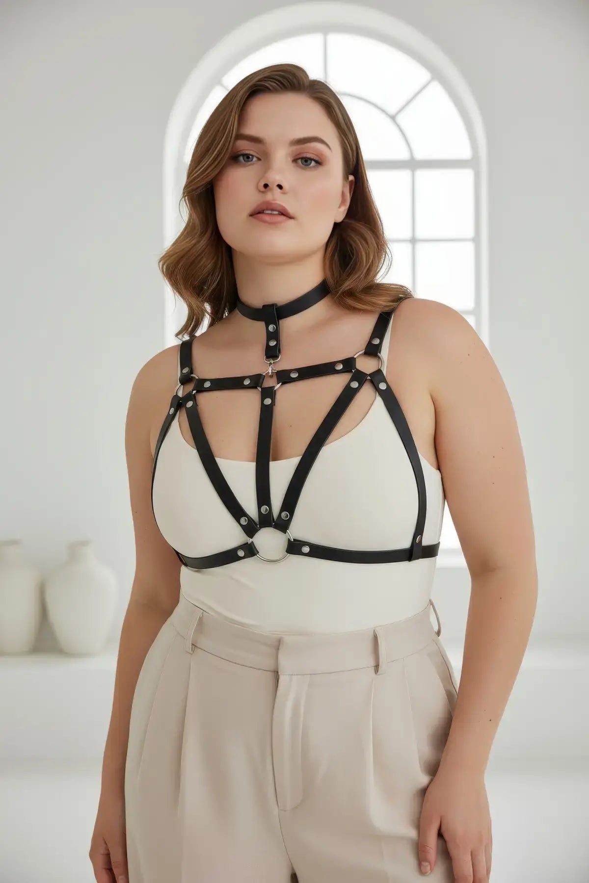 Plus-size black vegan leather studded cage chest harness with choker HarnessClub