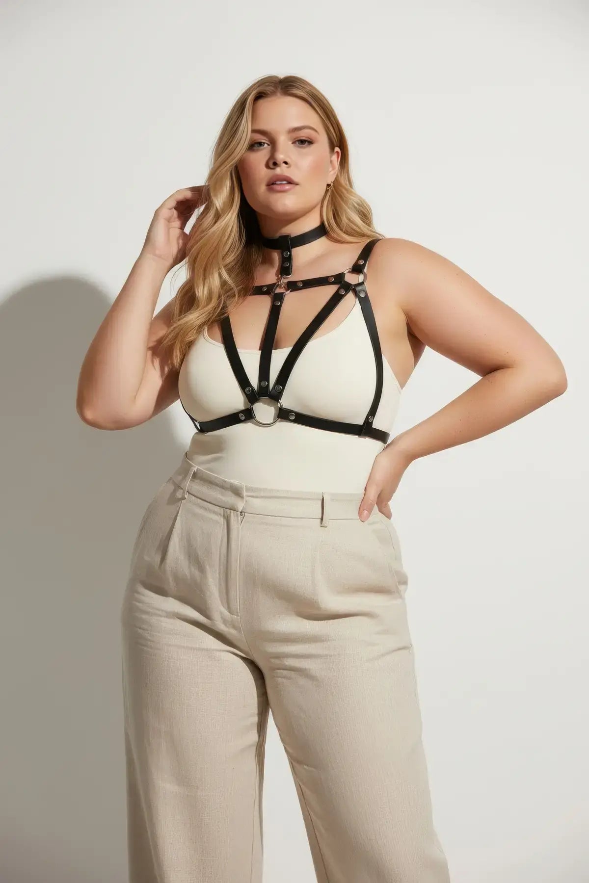 Plus-size black vegan-leather studded cage chest harness with choker by HarnessClub