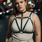 Plus-size black vegan leather studded cage chest harness with choker by HarnessClub