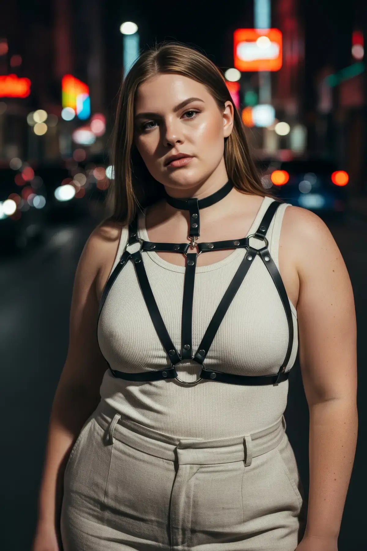 Plus-size black vegan leather studded cage chest harness with choker by HarnessClub