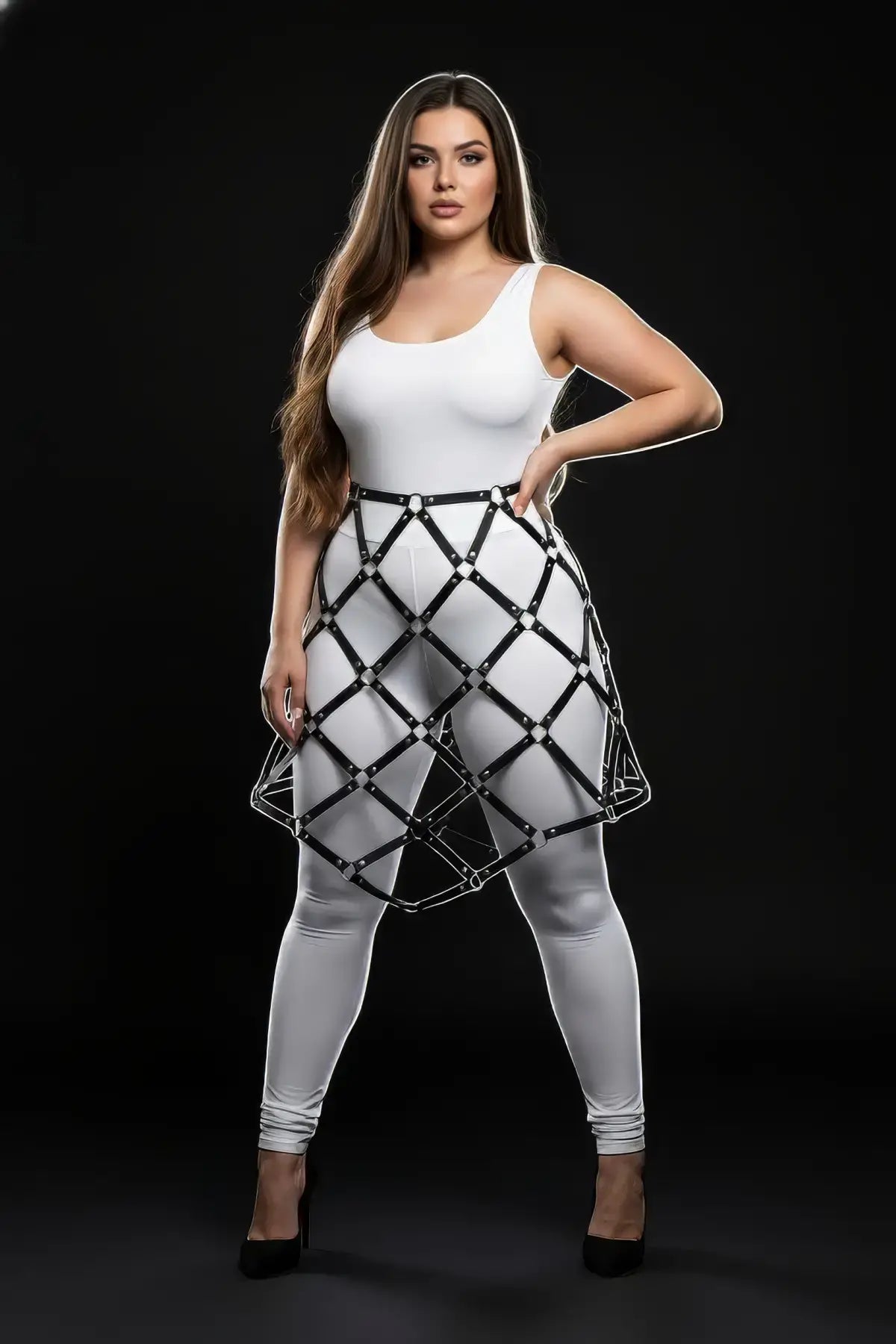 Plus-size black studded lattice cage skirt with vegan leather body harness by HarnessClub.