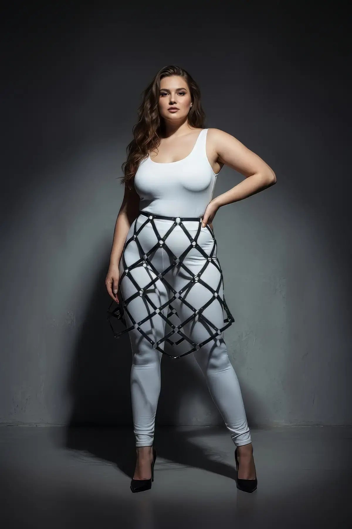 Plus-size black studded lattice cage skirt vegan leather body harness by HarnessClub.