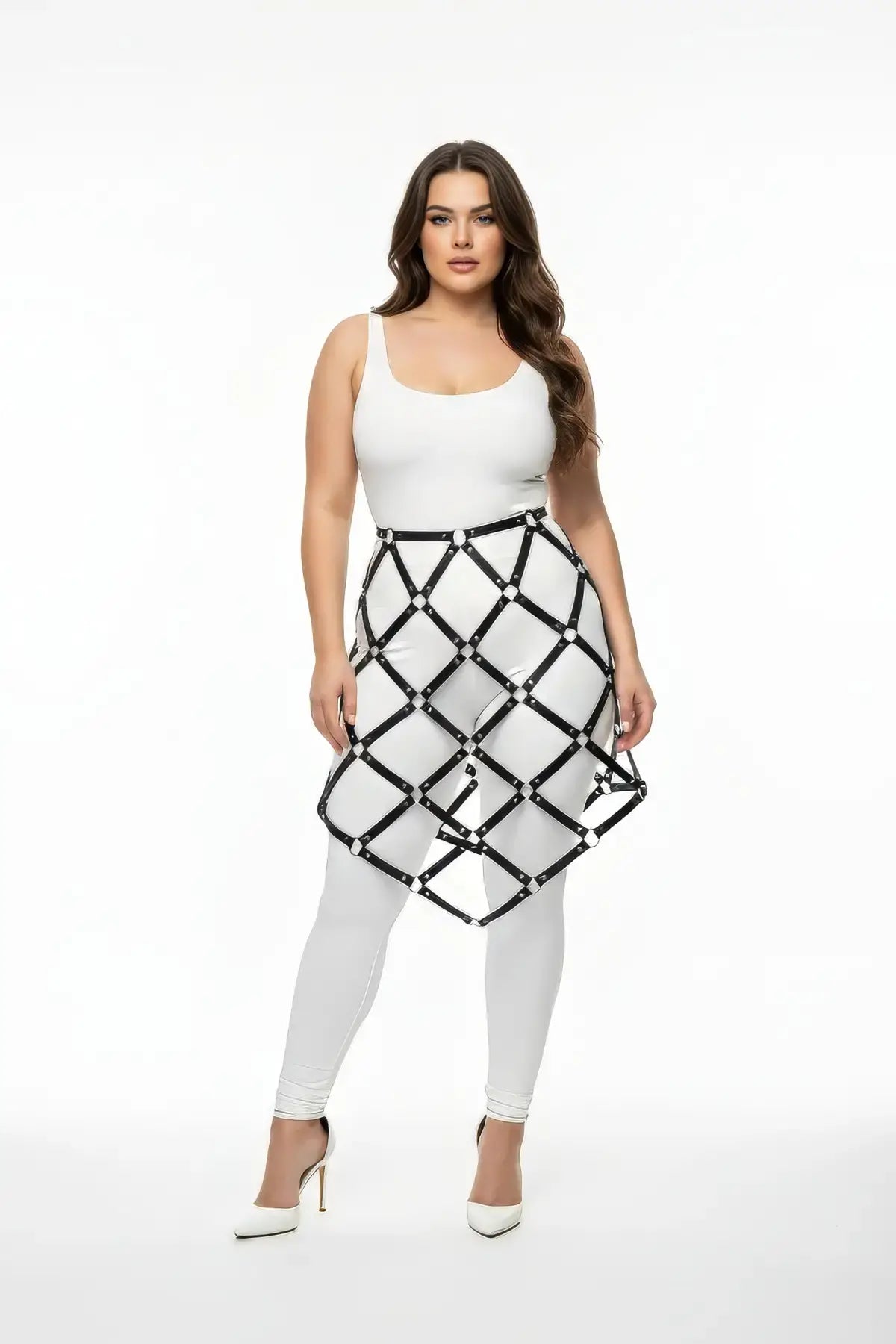 Plus Size Black Studded Lattice Cage Skirt by HarnessClub, vegan leather body harness shown over white outfit.