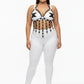 Plus-size black studded vegan-leather V-frame chest harness with O-ring fringe worn by model
