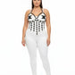 Plus-size black vegan leather studded V-frame chest harness with fringe and O-rings on white bodysuit