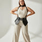 Plus-size black vegan-leather suspender corset harness with choker and hip flaps