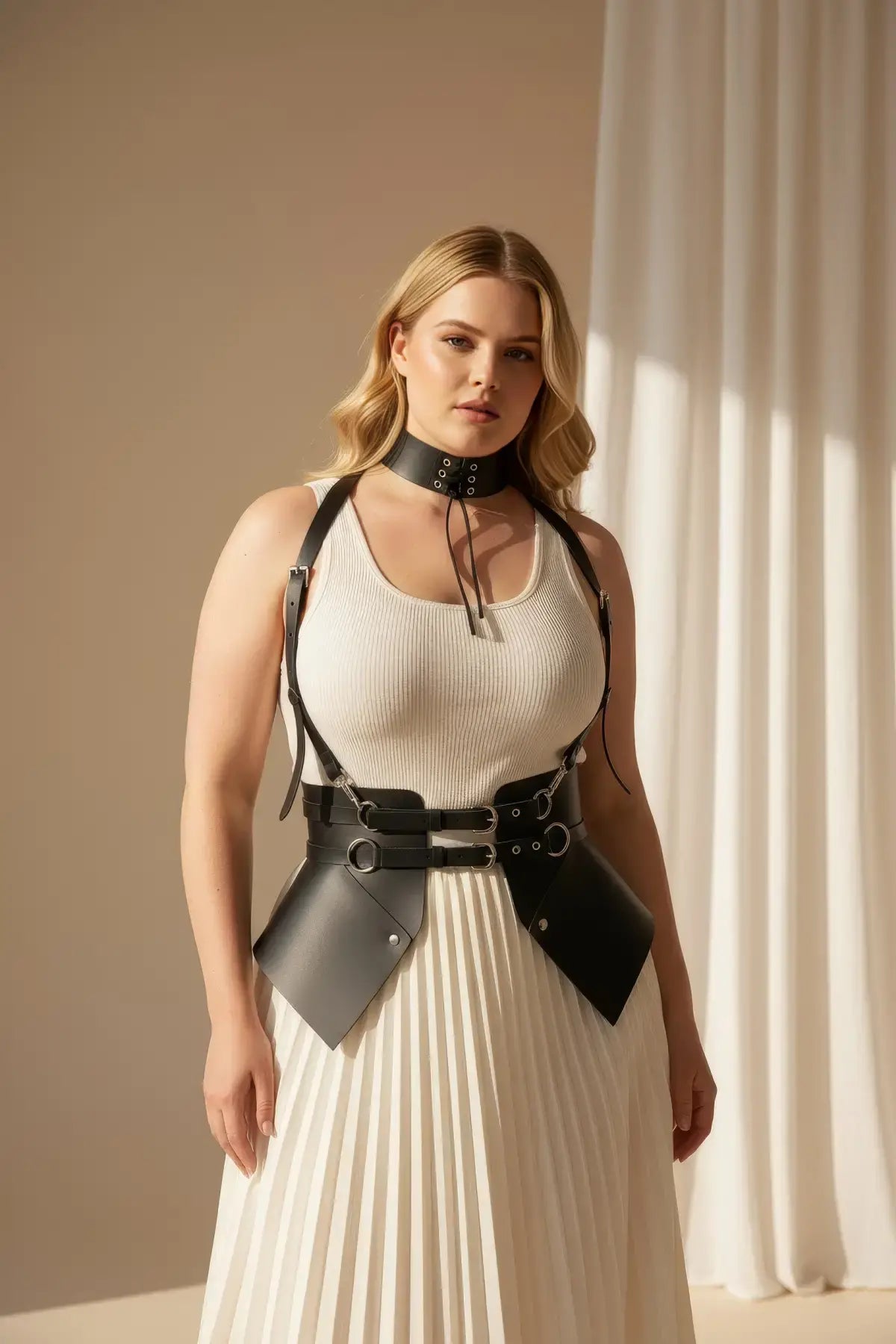 Plus-size black vegan-leather suspender corset harness with choker and hip flaps
