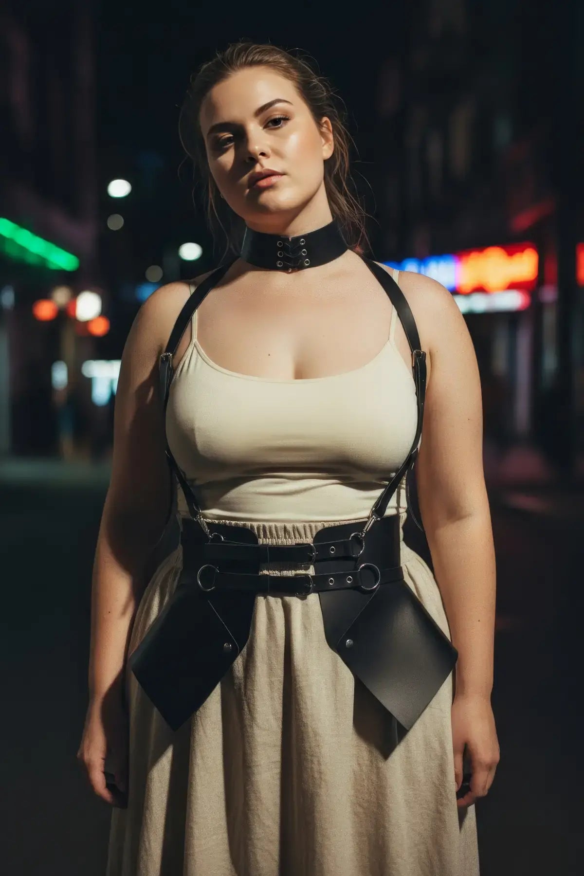 Plus size black suspender corset harness with choker and hip flaps by HarnessClub in vegan leather.