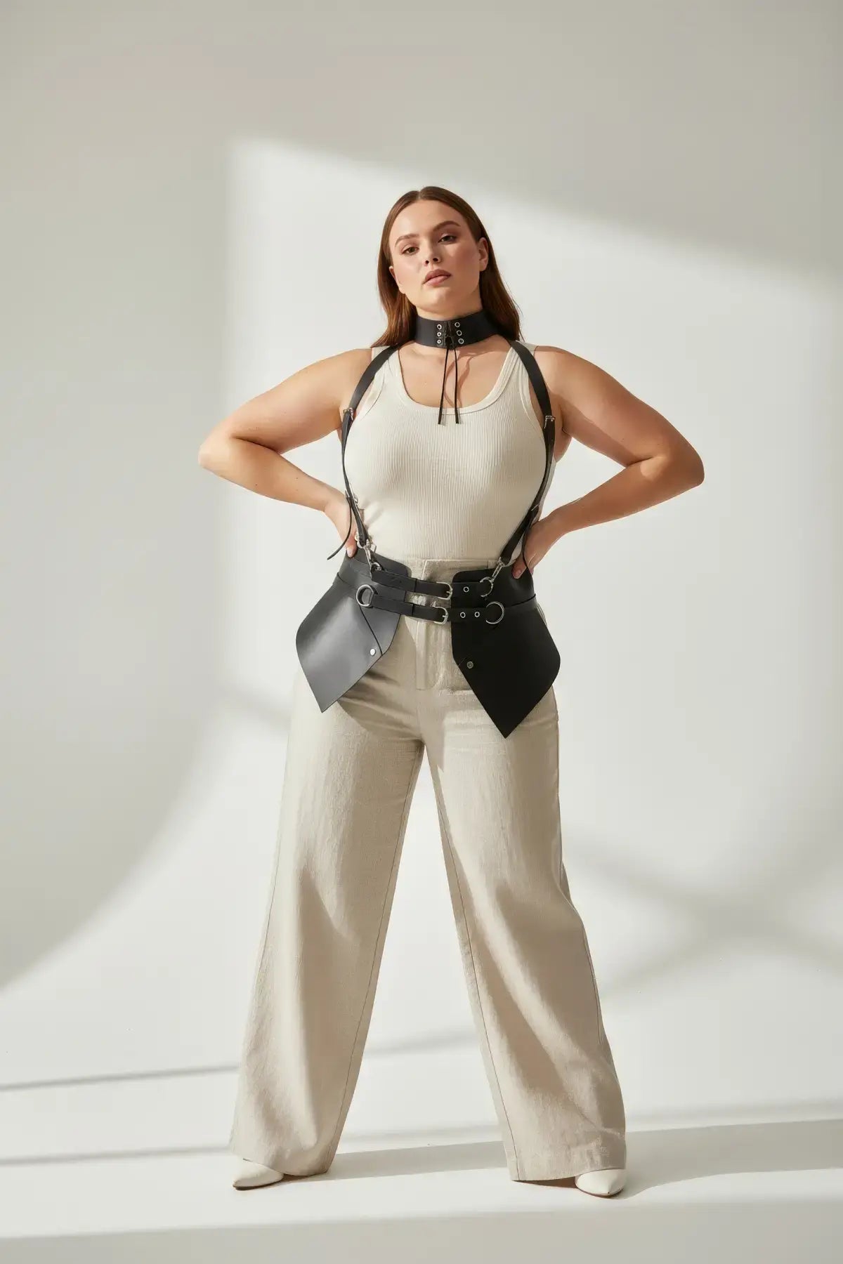 Plus size black suspender corset harness with choker and hip flaps in vegan leather