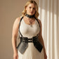 Plus-size black vegan-leather suspender corset harness with choker and hip flaps