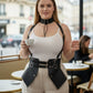 Plus-size black suspender corset harness with choker and hip flaps in vegan leather by HarnessClub