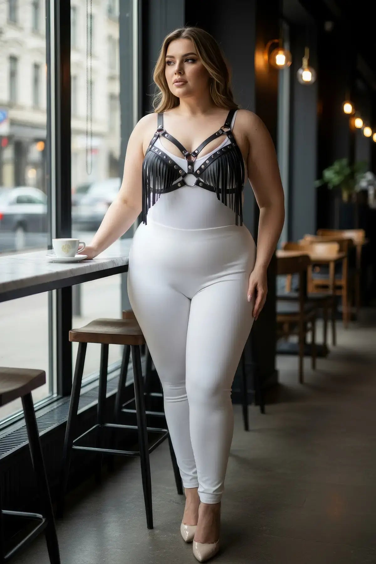 Plus-size black tassel-detail faux leather bra harness worn over a white bodysuit
