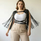 Plus Size Black Tassel-Detail Leather Body Accessory by HarnessClub, leather harness with long fringe tassels